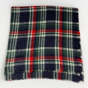 Tartan Plaid Blanket‎ Scarf Navy Green Red White Fringe 60"x60" Acrylic Soft